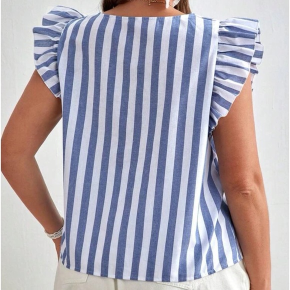 Classic Elegant Plus Size Striped Print Ruffle Trim Square Neck Top Blouse Shirt - Picture 2 of 5